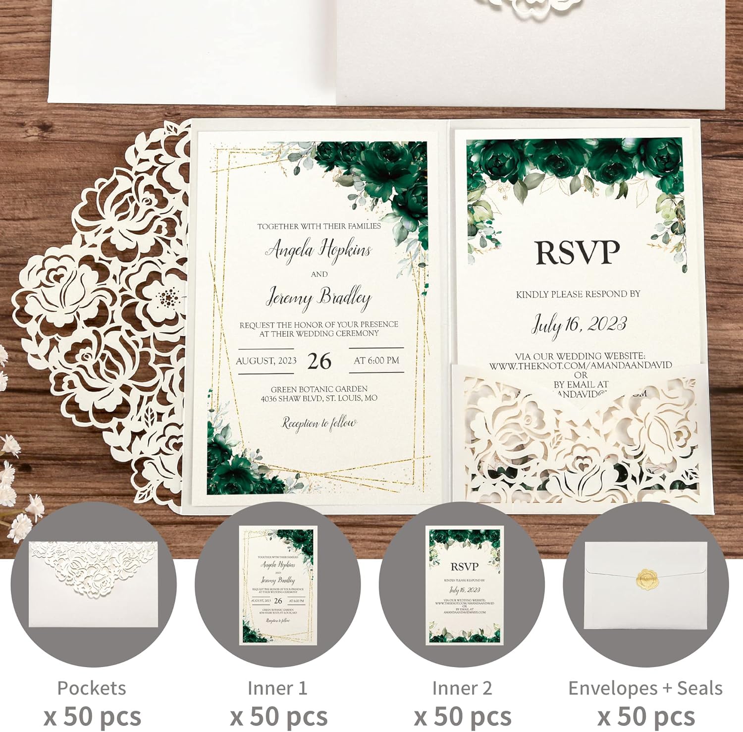 DORIS HOME 50pcs Laser Cut Wedding Invitations with Envelopes and RSVP Cards Green and Ivory White, 4.7x7.1 Personalized Invitation Cards for Wedding, Anniversary Invitations with Envelopes