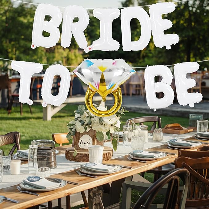 Bachelorette Party Decorations, White Bride To Be Bridal Shower Letter Balloons Banner with Diamond Ring Mylar Foil Balloon for Engagement Wedding Photo Booth Hen Night Room Party Decor