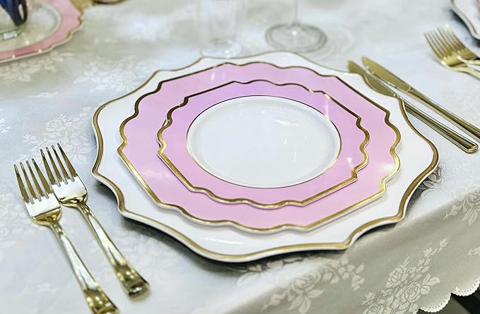 " OCCASIONS " 120 Plates Pack,(60 Guests) Heavyweight Premium Wedding Party Disposable Plastic Plates Set -60 x 10.5'' Dinner + 60 x 8'' Salad/Dessert(Imperial in Light Pink & Gold)