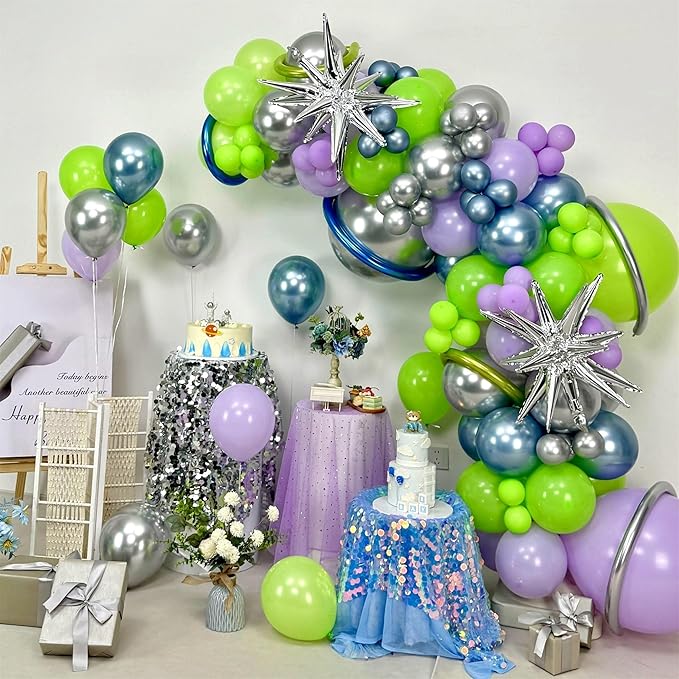 117PCS Purple Green Balloon Garland Kit, Space Birthday Decorations Lime Green Purple Metallic Blue Silver Balloons with Star Balloon Arch for Kids Boys Monster Toy Theme Baby Showr Party Decor