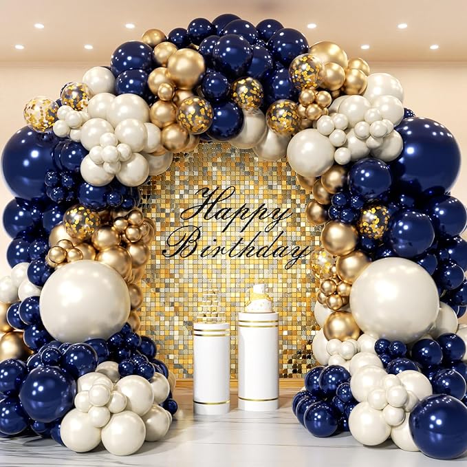 Navy Blue Gold Balloon Arch Garland Kit 153pcs, Double Stuffed Pearl White Royal Blue Chrome Gold Confetti Balloons for Birthday Graduation Baby Shower New Year Bridal Wedding Party Decoration