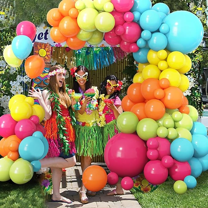 Rainbow Neon Balloon Arch Kit, Colorful Balloons Arch Hot Pink Fruit Green Teal Orange Yellow Assorted Color Latex Balloons Kit for Summer Pool Tropical Theme Carnival Kids Birthday Party Decorations