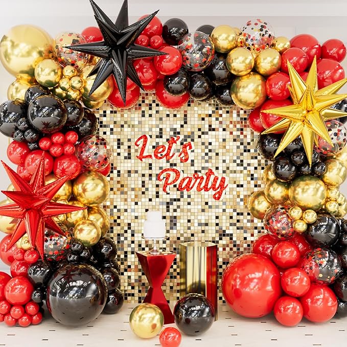 DBKL Red Black Gold Balloons Garland Arch Kit with Red Black and Gold Confetti Explosion Star Balloons for Graduation Birthday Casino Night Hollywood New Years Party Decorations