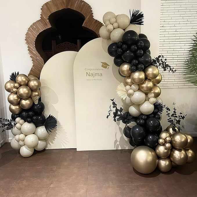 Black White Gold Balloon Garland Kit, 115Pc Beige Sand Black Cream Metallic Gold Balloon Arch Explosion Star Foil Balloons for Girls Women Birthday Bachelorette Graduation Coquette Party Decoration