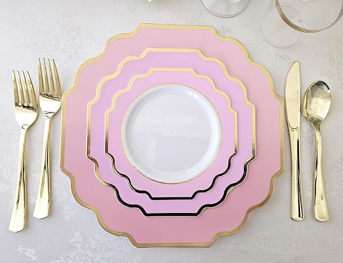 " OCCASIONS " 120 Plates Pack,(60 Guests) Heavyweight Premium Wedding Party Disposable Plastic Plates Set -60 x 10.5'' Dinner + 60 x 8'' Salad/Dessert(Imperial in Light Pink & Gold)
