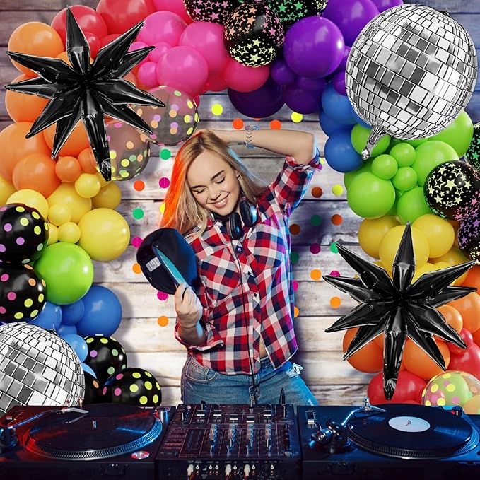 Amandir Glow in the Dark Party Decorations, 80S Disco Rainbow Balloon Arch Garland Kit with Foil Star UV Neon Luminous Fluorescent Balloons 9.8ft Streamer Garland for Back to 90S Prom Birthday Decor