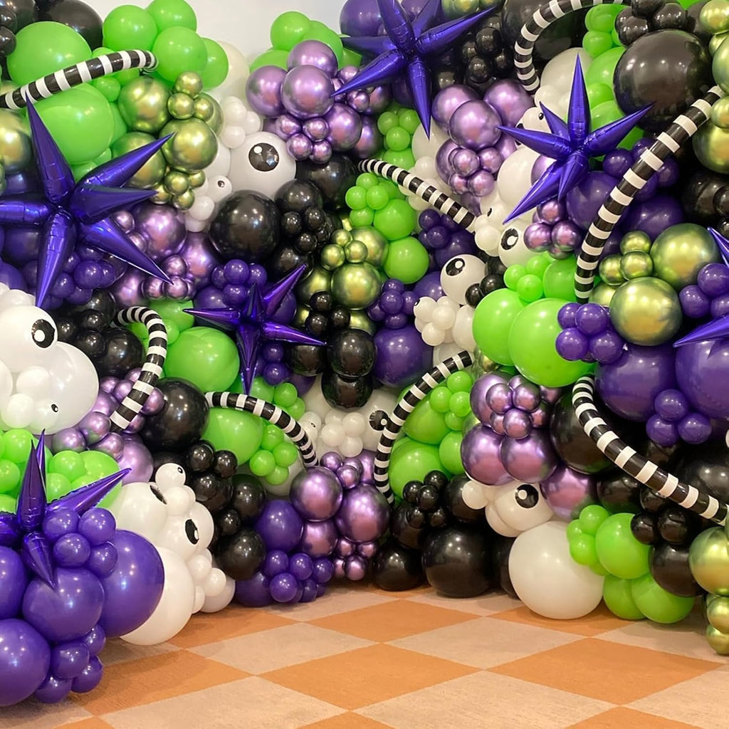 Purple and Green Balloons, 52 PCS 12 Inch Metallic Chrome Purple Light Green Black Latex Balloons with Black Green Confetti Balloons for Boys Girls Birthday Party Baby Shower Decorations