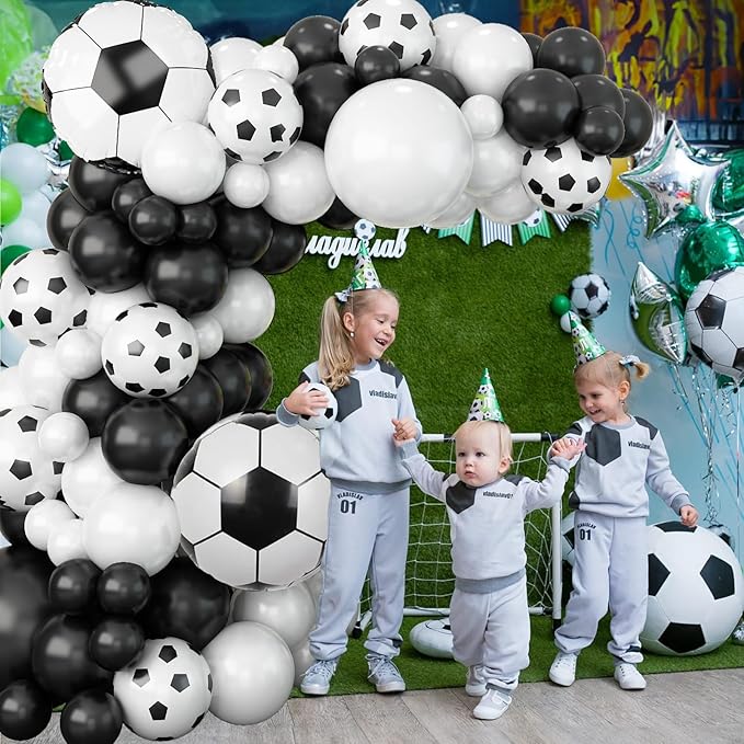 Soccer Balloon Garland Arch Kit, 22 18 12 10 5 Inch Black White Football Print Balloons Arch Kit with 4D Football Foil Balloon Football Helium Balloon for Birthday Soccer Club Party