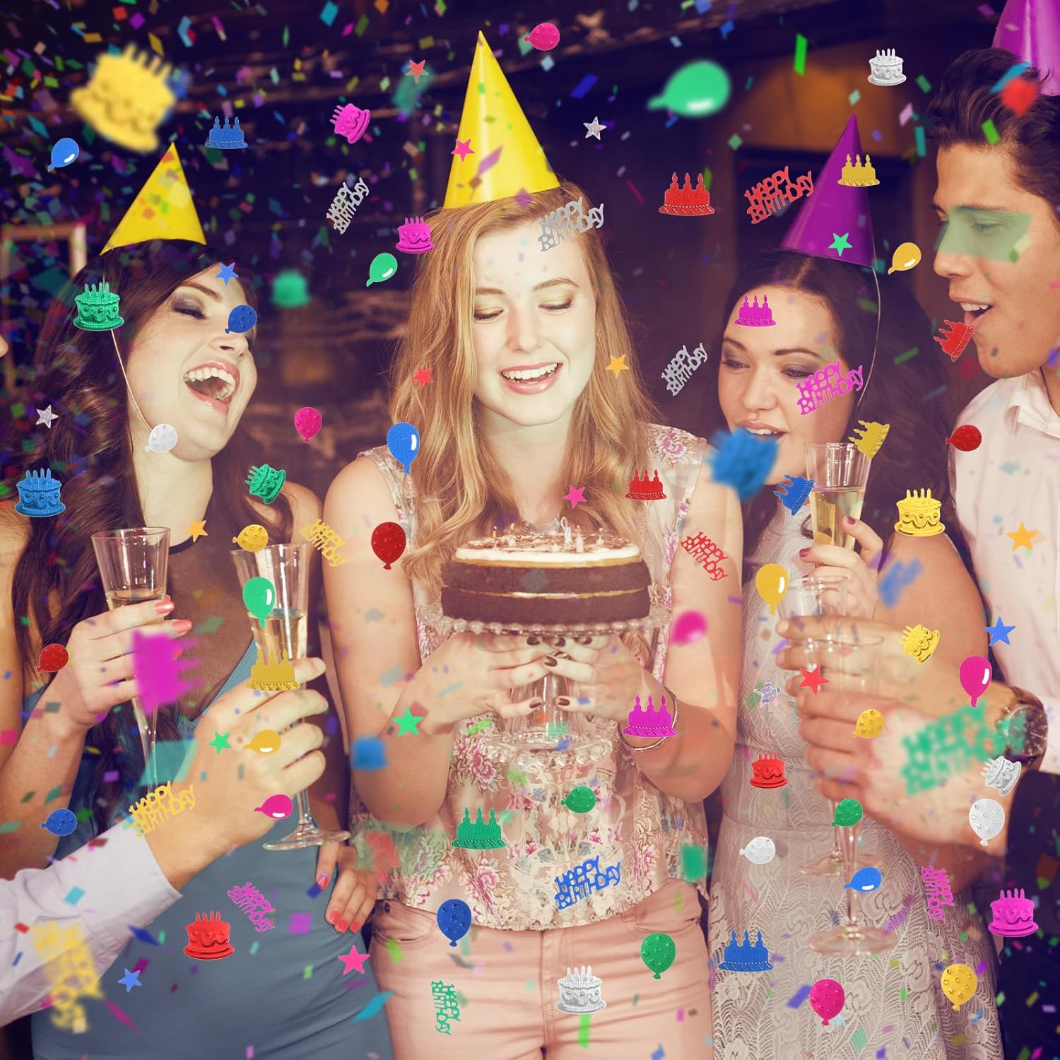 Happy Birthday Confetti Glitter Metallic Foil Table Confetti Multicolor Birthday Cake Balloon Sprinkles Table Centerpiece for Baby Shower Party Decorations DIY Arts and Crafting