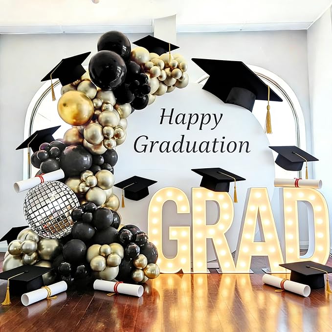Black and Gold Balloons Garland Arch Kit, 18 12 10 5 Inch Black Metallic Gold Balloon Arch Kit, Champagne Gold Party Decorations with 4D Disco Balloon for Graduation Birthday Retirement New Year