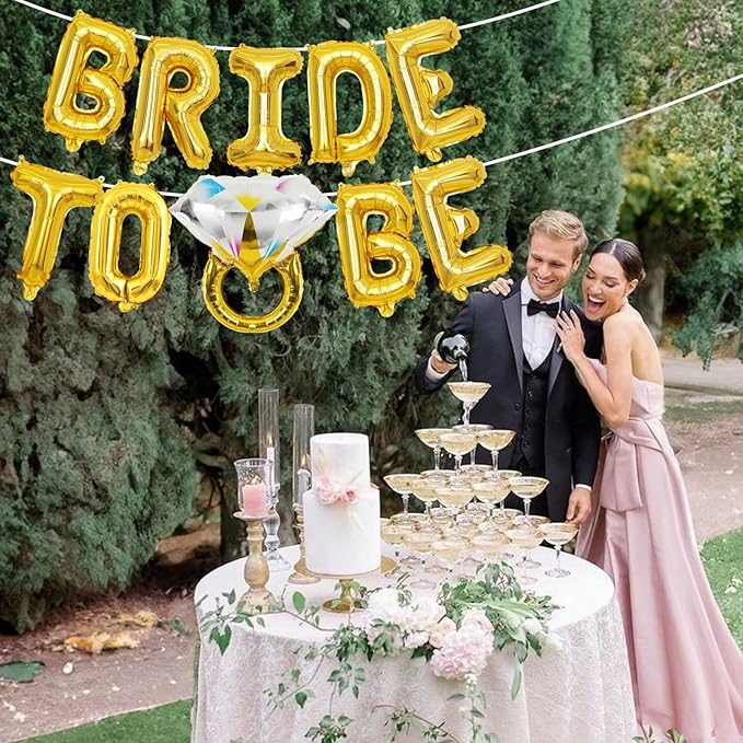 Bachelorette Party Decorations, Gold Bride To Be Bridal Shower Letter Balloons Banner with Engagement Diamond Ring Mylar Foil Balloon for Wedding Photo Booth Hen Night Room Party Decor