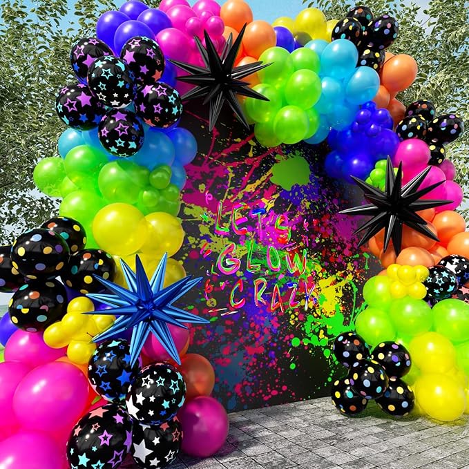 185Pcs Neon Balloons Arch Garland Kit with Glow in the Dark Balloons, Neon Balloons Arch Kit for Back to 80s 90s DISCO Birthday Party Decorations, Let's Glow Party, Rock Roll Party Supplies