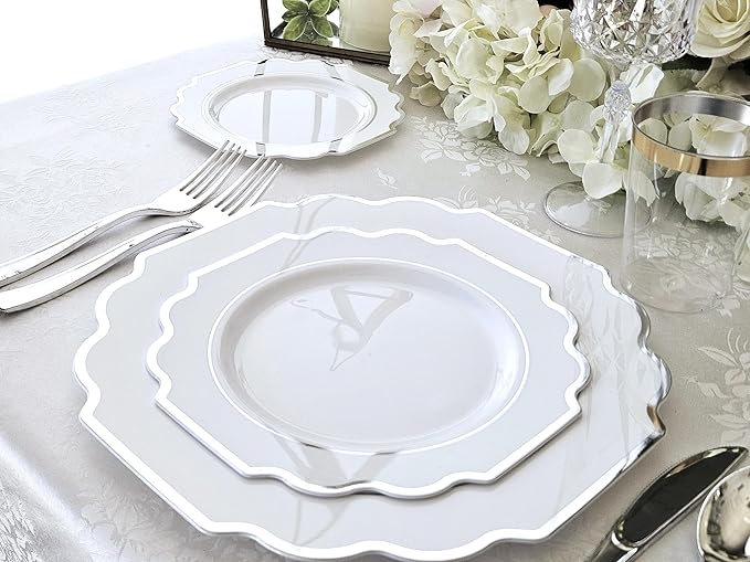 " OCCASIONS " 120 Plates Pack,(60 Guests) Heavyweight Wedding Party Disposable Plastic Plates Set -60 x 10.5'' Dinner + 60 x 8'' Salad/Dessert Plate (Imperial in White & Silver Rim)