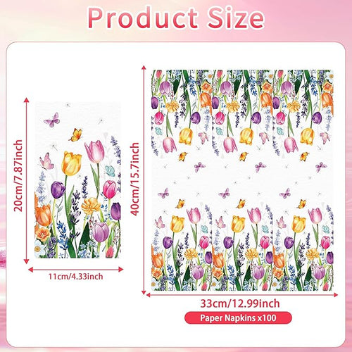 100 Pcs Tulip Napkins, Spring Floral Butterfly Cocktail Napkins, Garden Party Supplies Disposable Paper Napkins for Spring Brunch Tea Parties Table Decorations (7.9" × 4.3" Fold)
