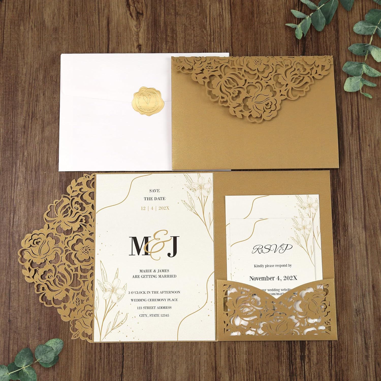 DORIS HOME 50pcs Laser Cut Wedding Invitation Pockets with Envelopes Gold, 5.12" x 7.12"Invitation Cards for Wedding, Anniversary (No Inserts Included)