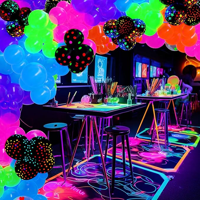 128Pcs UV Neon Glow in the Dark Balloon Arch Kit, Rainbow Red Blue Yellow Green Balloons, Fluorescent Party Supplies for Disco, Glow Parties, 80s 90s Neon Themed Birthday Celebrations