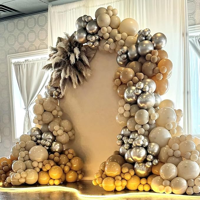 White Sand Balloons Arch Kit, Sand White Khaki Brown Neutral Balloon Garland with Metallic Chrome Silver Beige Balloons for Boho Wedding Baby Bridal Shower Engagement Anniversary Birthday Decorations