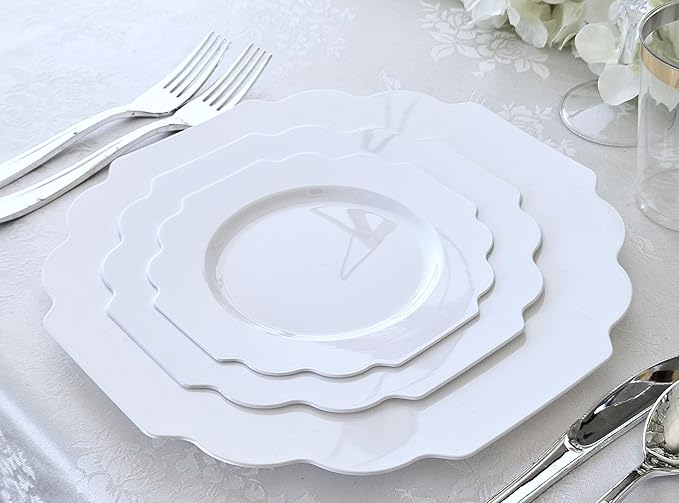 " OCCASIONS " 240 Plates Pack (120 Guests) Heavyweight Wedding Party Disposable Plastic Plates Set -120 x 10.5'' Dinner + 120 x 8'' Salad/Dessert Plate (Imperial White)