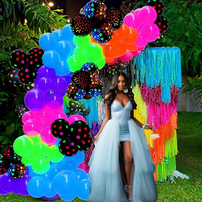 128Pcs UV Neon Glow in the Dark Balloon Arch Kit, Rainbow Red Blue Yellow Green Balloons, Fluorescent Party Supplies for Disco, Glow Parties, 80s 90s Neon Themed Birthday Celebrations