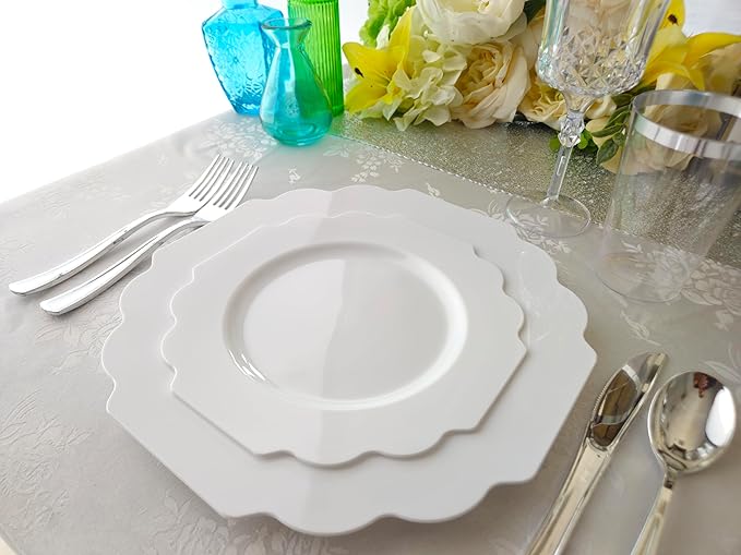 " OCCASIONS " 120 Plates Pack,(60 Guests) Heavyweight Wedding Party Disposable Plastic Plates Set -60 x 10.5'' Dinner + 60 x 8'' Salad/Dessert Plate (Imperial White)
