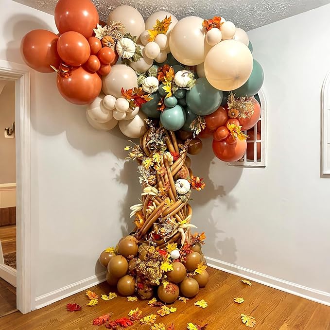 124pcs Fall Balloon Arch Kit, Thanksgiving Garland with Sage Green Burnt Orange Brown Coffee Sand Nude Metallic Gold Balloons for Fall Thanksgiving Autumn Harvest Birthday Party Decorations