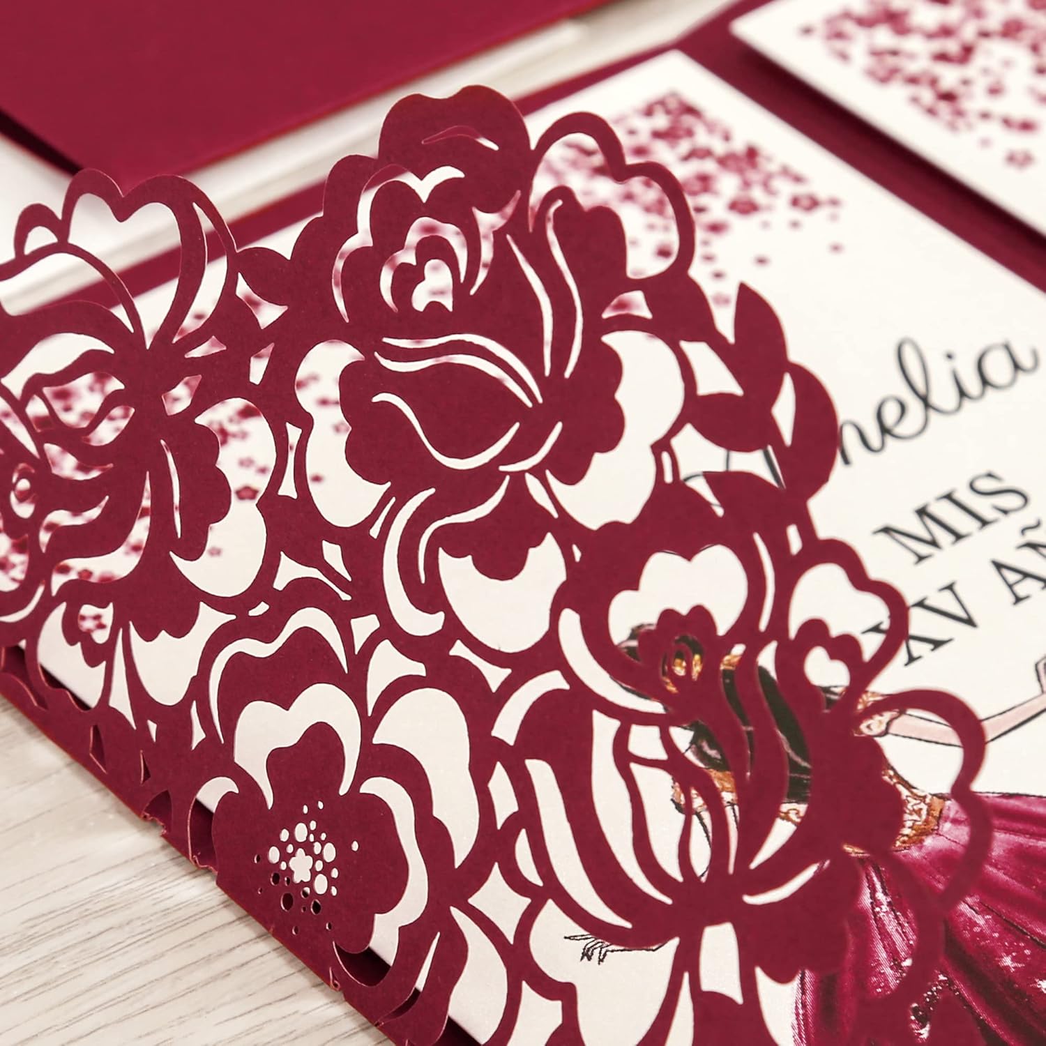 DORIS HOME 50pcs Laser Cut Quinceanera Invitations Burgundy, 4.7x7.1 Personalized Quince Invitations for 15th Birthday, Invitation cards for Sweet 16 with Envelopes