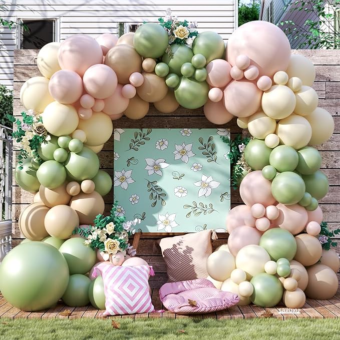 Pink and Green Balloon Arch Garland Kit, 122Pcs Ivory Sand White Dusty Pink Sage Green Spring Balloons for Women Girl Boho Bridal Wedding Baby Shower Engagement Birthday Party Decorations