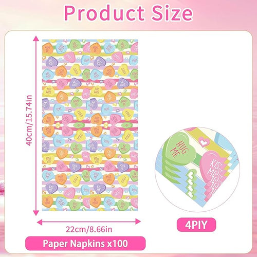 100 Pcs Valentines Day Napkins, Conversation Heart Valentines Day Cocktail Napkins, Colorful Love Message Party Supplies Disposable Paper Napkins for Table Decorations (7.9" × 4.3" Fold)