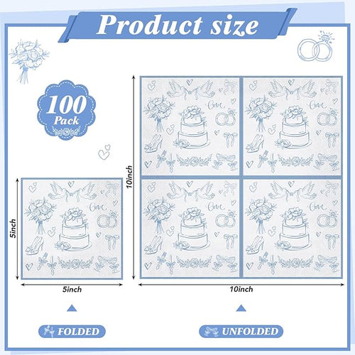 100 Pcs Wedding Napkins, Blue and White Engagement Cocktail Napkins Something Blue Bridal Shower Napkin for Bachelorette Party, Wedding, Bridal Shower