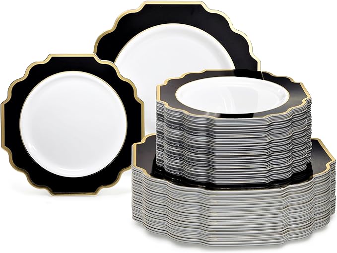 " OCCASIONS " 120 Plates Pack,(60 Guests) Heavyweight Premium Wedding Party Disposable Plastic Plates Set -60 x 10.5'' Dinner + 60 x 8'' Salad/Dessert (Imperial in Black & Gold)