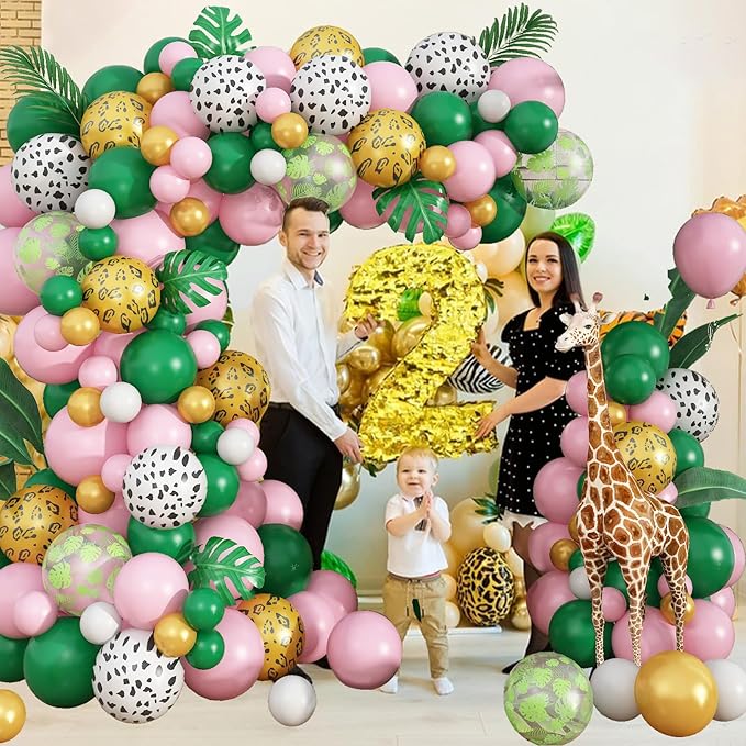Safari Pink Balloon Garland Kit, Dark Green Pink White Cow Gold Leopard Animal Print Jungle Balloon Arch with Turtle Leaves for Girls Wild One Theme Birthday Baby Shower Party Decorations Supplies