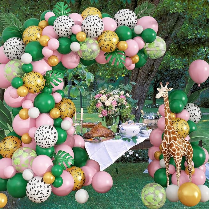 Safari Pink Balloon Garland Kit, Dark Green Pink White Cow Gold Leopard Animal Print Jungle Balloon Arch with Turtle Leaves for Girls Wild One Theme Birthday Baby Shower Party Decorations Supplies