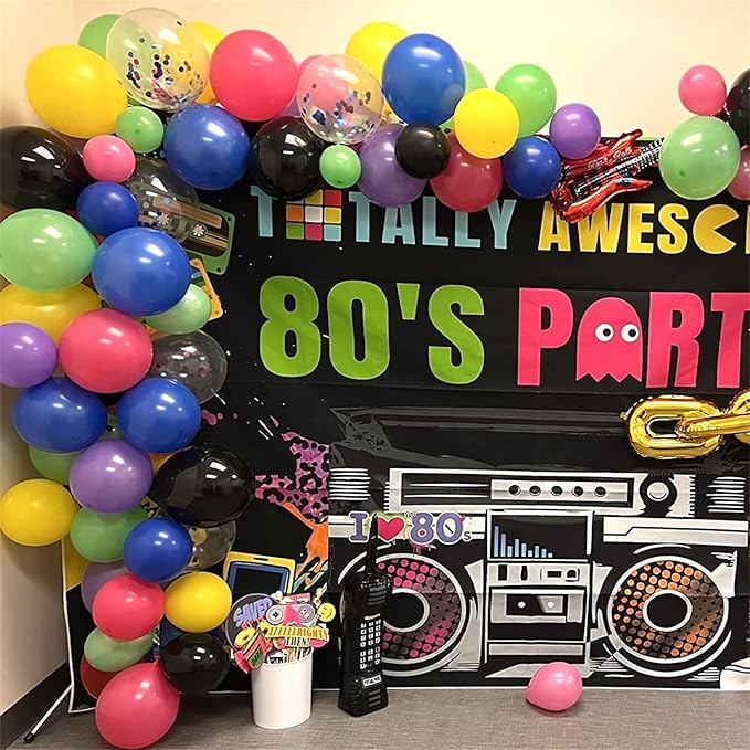 80s 90s Theme Birthday Party Decorations for Adult, Retro Neon Balloon Arch Garland Kit with Disco Ball Boombox Guitar Microphone Foil Balloons for Back to 80s 90s Hip Hop Freaknik Party Supplies