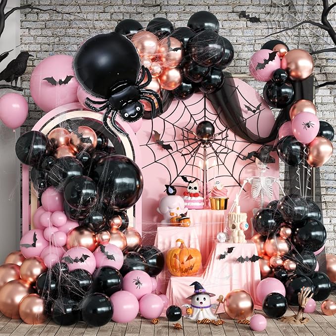 Halloween Balloon Arch Garland Kit, Black Pink Rose Gold Spider Foil Balloons with 3D Bat Stickers and Spider Webs for Girls Halloween Party Spooky Birthday Day Party Decorations