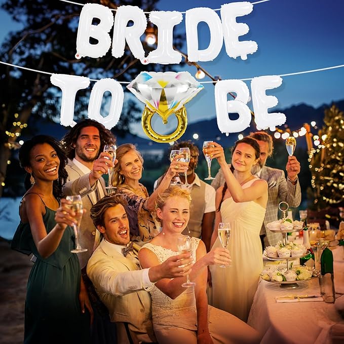 Bachelorette Party Decorations, White Bride To Be Bridal Shower Letter Balloons Banner with Diamond Ring Mylar Foil Balloon for Engagement Wedding Photo Booth Hen Night Room Party Decor