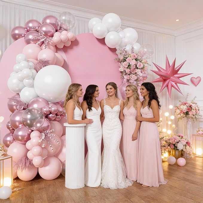 Pink and White Balloon Arch Kit, Pastel Pink Metallic Pink Pearl White Balloons Garland with Clear Balloons Explosion Star Foil Balloons for Girls Birthday Valentine's Day Princess Party Decorations