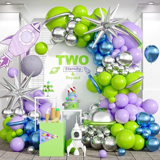 117PCS Purple Green Balloon Garland Kit, Space Birthday Decorations Lime Green Purple Metallic Blue Silver Balloons with Star Balloon Arch for Kids Boys Monster Toy Theme Baby Showr Party Decor