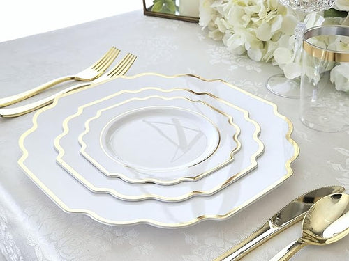 " OCCASIONS " 240 Plates Pack (120 Guests) Heavyweight Wedding Party Disposable Plastic Plates Set -120 x 10.5'' Dinner + 120 x 8'' Salad/Dessert Plate (Imperial White & Gold)
