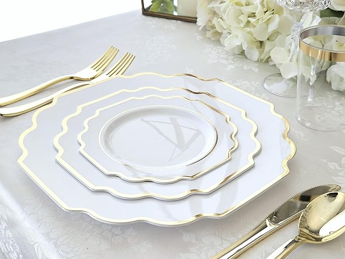 " OCCASIONS " 120 Plates Pack,(60 Guests) Heavyweight Wedding Party Disposable Plastic Plates Set -60 x 10.5'' Dinner + 60 x 8'' Salad/Dessert Plate (Imperial White & Gold)