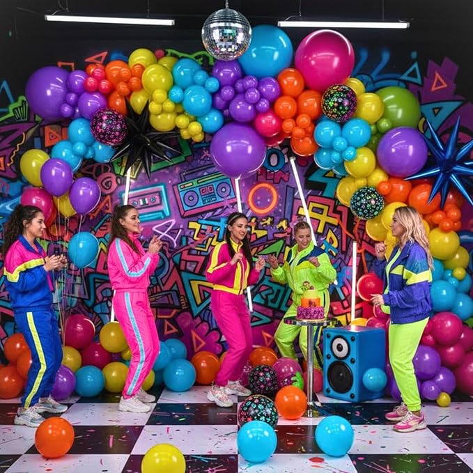 Neon Balloon Arch Kit, 122Pcs Bright Orange Green Blue Hot Pink Yellow Purple Black Rainbow Balloons with Foil Star Balloons for 80s 90s Neon Party Rainbow Birthday Decorations Disco Party Backdrop