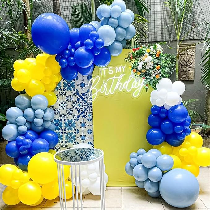 Royal Blue Yellow Balloon Arch Garland Kit, 129pcs Metallic Blue and Yellow White Gold Balloons Garland with 4D Foil Star Balloons for Baby Shower Anniversary Graduation Birthday Party Decorations