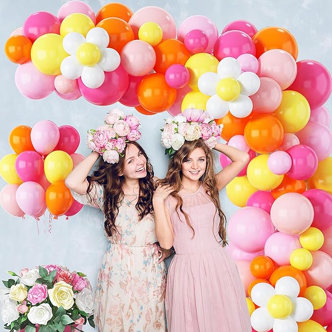 Boho Daisy Balloons Arch Kit, 142Pcs Hot Pink and Orange Balloons Garland Kit 12 10 5 Inch Pink Orange Yellow Latex Balloons for Boho Girls Women Birthday Baby Shower Wedding Party Decoration