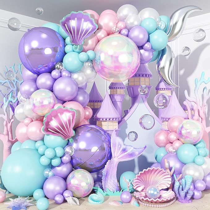 Mermaid Balloon Garland Arch Set, Purple Teal Blue Pink Clear Latex Balloons with 22'' 4D Iridescent Round Foil Balloons, Seashell Foil Balloon for Kids Birthdays Under the Sea Party Pack of 126