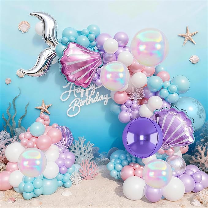 Mermaid Balloon Garland Arch Set, Purple Teal Blue Pink Clear Latex Balloons with 22'' 4D Iridescent Round Foil Balloons, Seashell Foil Balloon for Kids Birthdays Under the Sea Party Pack of 126