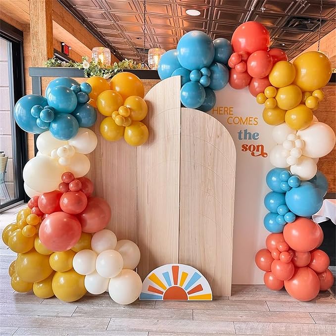 Here Comes the Son Balloon Arch Kit, 128pcs Retro Blue and Yellow Balloons Garland kit, Slate Blue and Beige Balloon for kids Baby Shower Gender Reveal Birthday Boho Anniversary Party Decoration