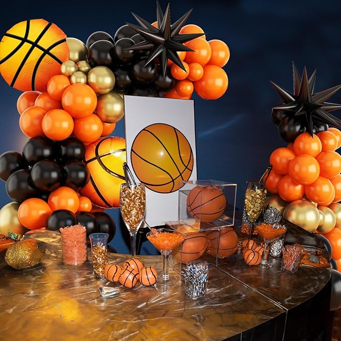 Basketball Balloon Arch Kit, 108Pcs Black Orange and Metallic Gold Balloon Garland Kit with Black Explosion Star and Basketball Foil Balloons 18 10 5 Inch for Boys Men Birthday Party Supplies