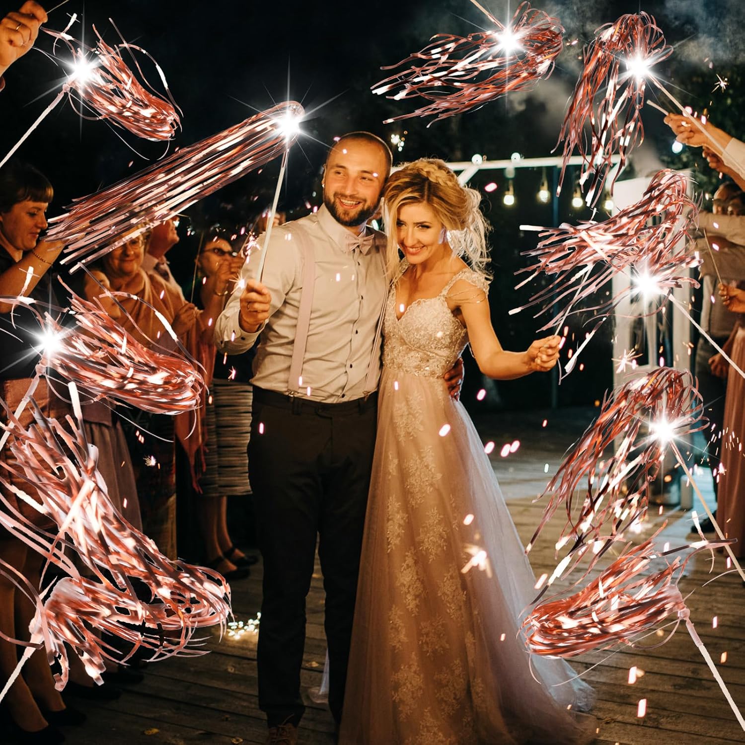 100 pcs Wedding Wands Light up with LED Tinsel Wedding Streamers for Wedding Send off and Greeting Ideal Props for Weddings, Birthday Parties, Christmas Cheerleading Games (Rose Gold)