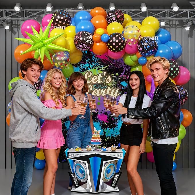 90s 80s Neon Balloon Arch Kit, 152pcs Disco Theme Party Decorations with Foil Star UV Neon Luminous Fluorescent Balloons for Back to 90s 80s Hip Hop/Disco Birthday Supplies, Rock Roll Party