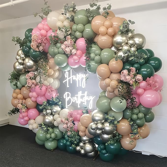 128Pcs Sage Green and Pink Balloon Arch Kit, Pink Green Gold Latex Baby in Bloom Balloon Garland Kit for Girls Floral Fairy Baby Shower Woodland Garden Tea Birthday Camp Bachelorette Party Decorations
