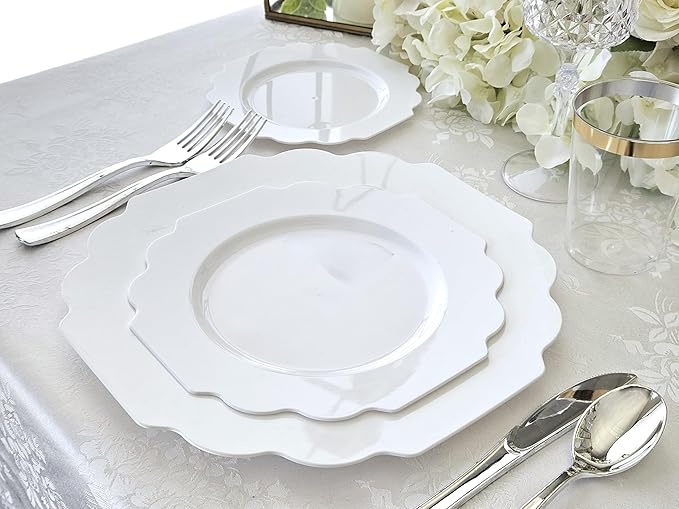 " OCCASIONS " 120 Plates Pack,(60 Guests) Heavyweight Wedding Party Disposable Plastic Plates Set -60 x 10.5'' Dinner + 60 x 8'' Salad/Dessert Plate (Imperial White)